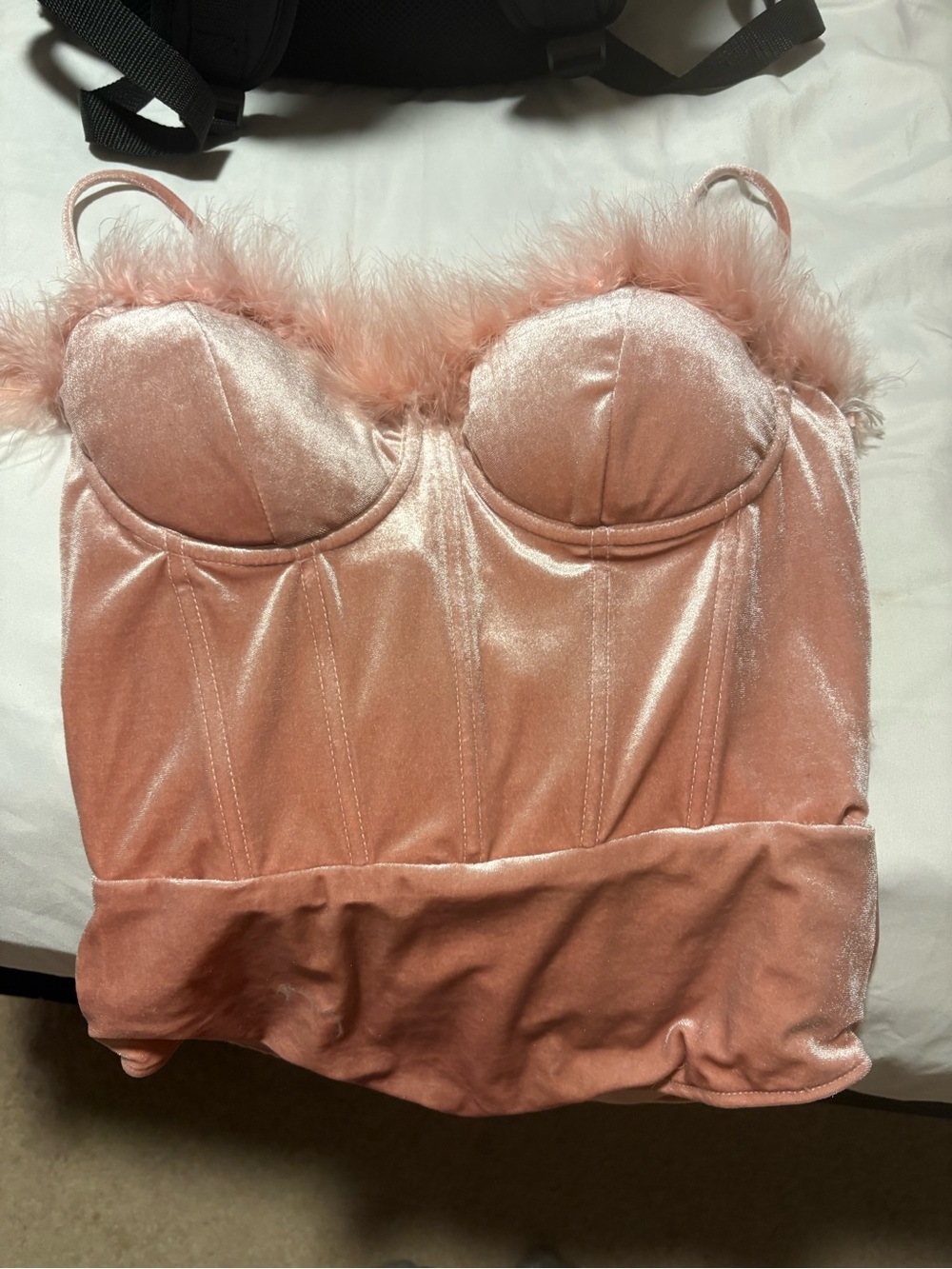 HOT Womens Pink Velvet Bustier Bodysuit with Feather Trim
